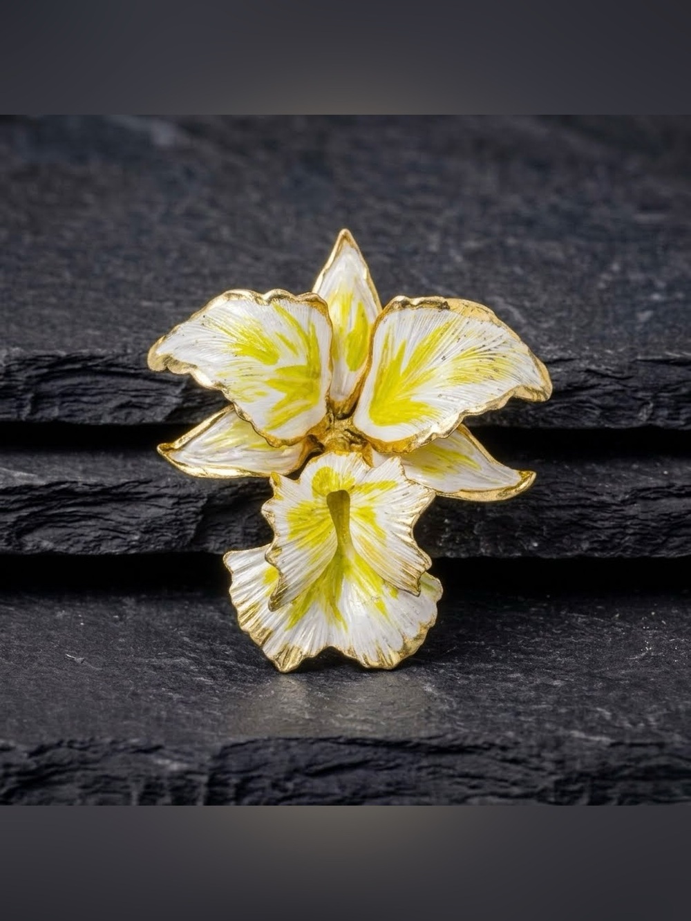 Vintage 80s Cerrito Original Hand Painted White Yellow Enamel Orchid Brooch